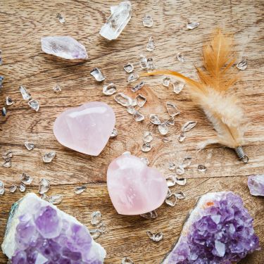 healing crystlas on a table